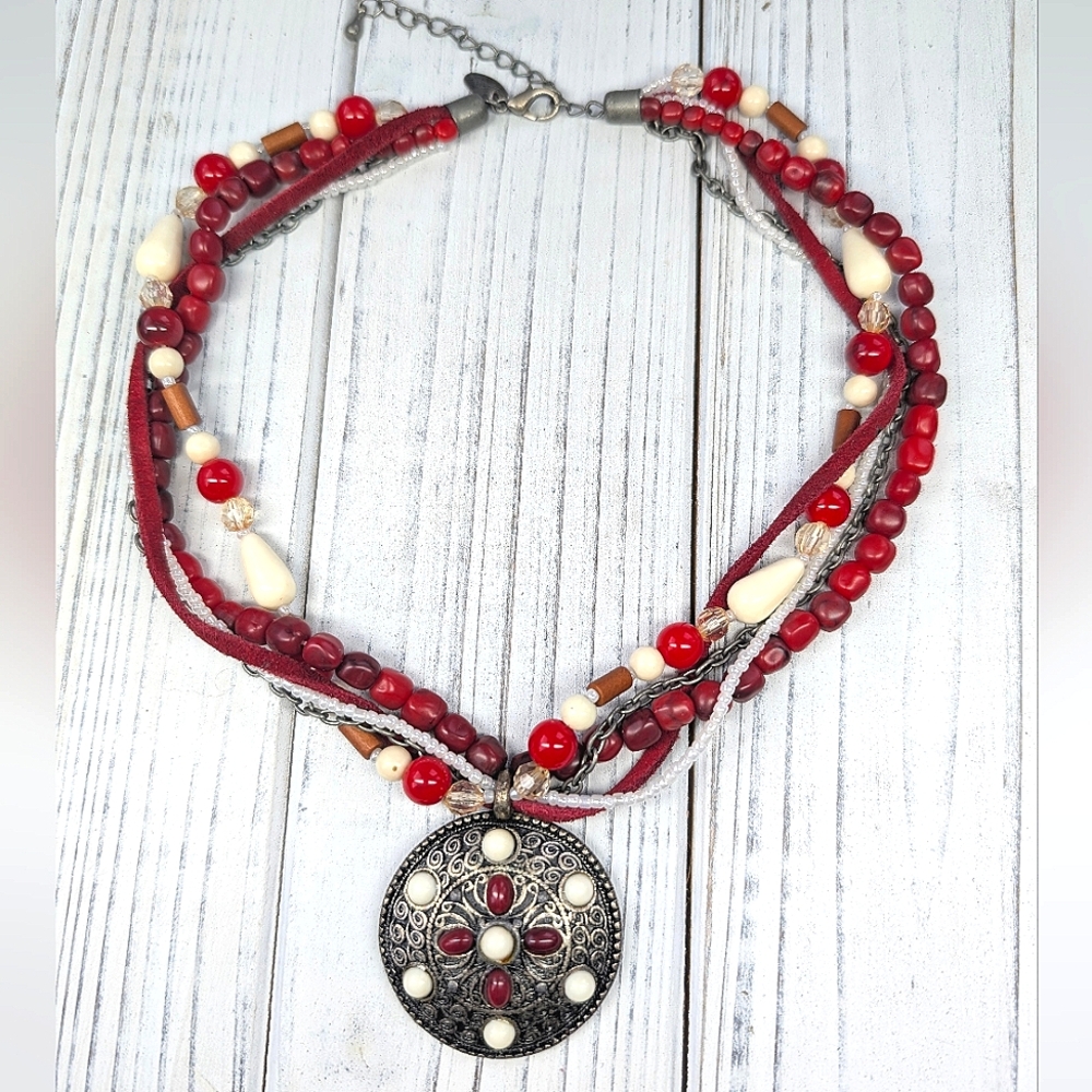 Boho Multi Strand Necklace Red Silver Pendant